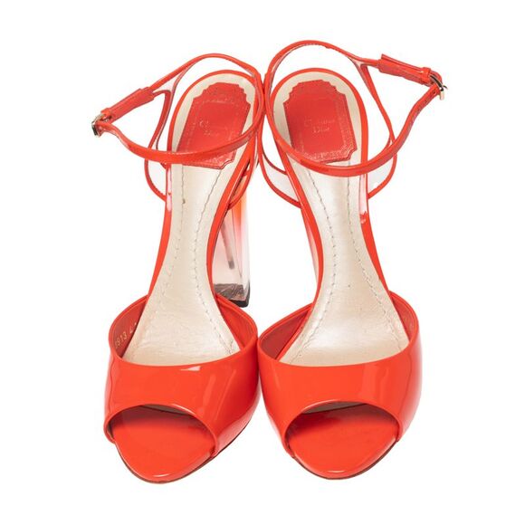 Dior Orange Patent Leather and PVC Clear Block Heels Ankle-Strap Sandals Size 41 - Picture 3 of 4